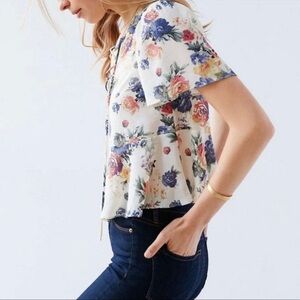 KIMCHI BLUE Anthropologie Judy Peplum Tie Floral Blouse EUC SZ Large